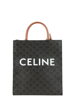 Sort og brun tote taske med lysebrune håndtag, med et diskret mønster og stort hvidt "CELINE" logo på forsiden.
