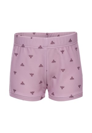 Liliowe szorty wykonane z gładkiej tkaniny, zdobione małymi brązowymi kwiatowymi wzorami, posiadają elastyczną talię i całkowicie obszyty dół.