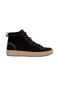 Sneaker high-top in suede nero con cuciture marroni, punta rotonda, chiusura con lacci frontale e suola in gomma leggera. Caratterizzato da un linguetta sul retro.