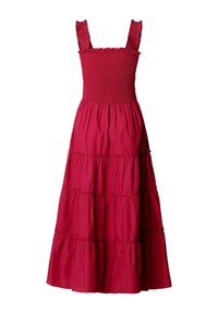 Punane pikk varrukateta kleit kortsulise, keha järgi liibuva ülakeha, volangiga rihmade ja kihiliste volditud seelikupaneelidega.