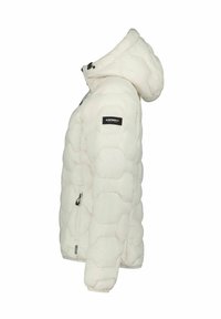 Giacca bianca imbottita con cappuccio, caratterizzata da una texture trapuntata, cordini regolabili, chiusura laterale con zip e una patch con logo sulla manica.