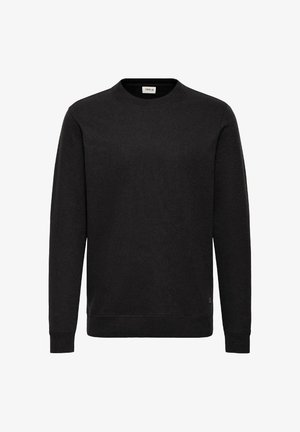 Czarny sweatshirt z okrągłym dekoltem o prążkowanej strukturze, z długimi rękawami i prostym dołem. Posiada niewielką naszywkę z logo w dolnym lewym rogu.