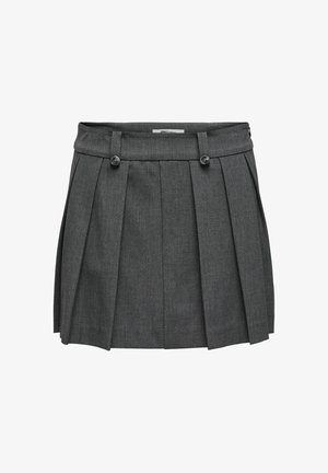 Jupe plissée grise avec une taille ajustée, équipée de deux boutons à l'avant et d'une fermeture éclair discrète à l'arrière. Tissu texturé.