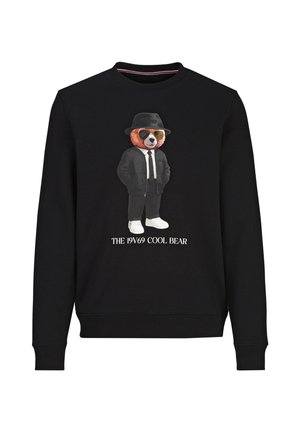 Schwarzer Sweatshirt mit einer Grafik eines Bären in Sonnenbrille, Anzug und Hut und dem Text "THE 19V69 COOL BEAR" unter dem Bären.