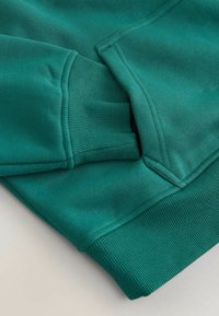 Manche de sweat-shirt vert foncé avec poignet côtelé plié sur un corps vert assorti, avec des coutures visibles et une couture de poche.