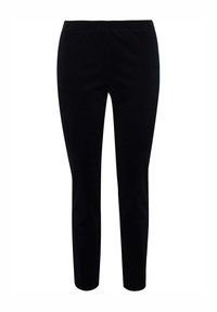 Svarta, slim-fit byxor i mjukt tyg med elastisk midja, slät yta och inga synliga mönster eller hårdvarudetaljer.