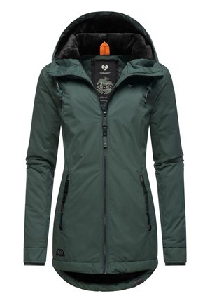 Veste d'hiver vert foncé à capuche avec doublure en polaire noire, fermeture éclair sur le devant, deux poches zippées et cordons réglables à la capuche.