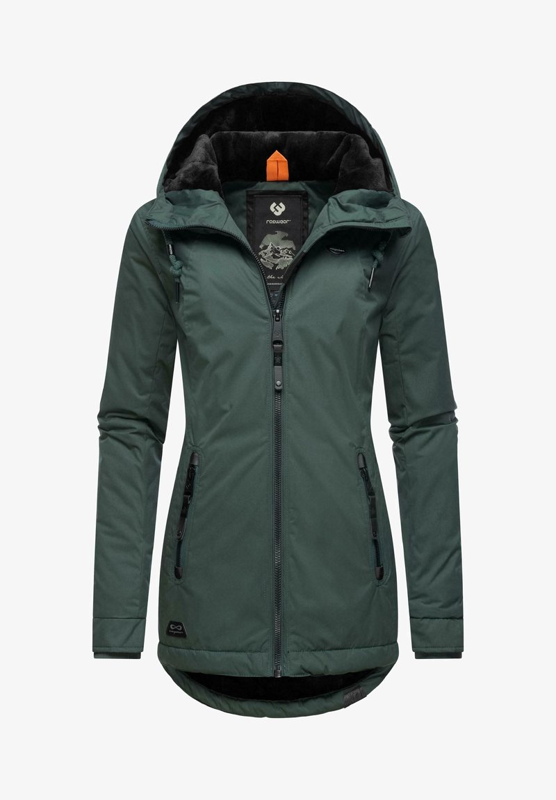 Veste d'hiver vert foncé à capuche avec doublure en polaire noire, fermeture éclair sur le devant, deux poches zippées et cordons réglables à la capuche.