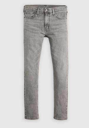 Szürke, egyenes szárú farmernadrág öt zsebbel és szabványos gombos záródással. Simaságú textúra és kissé kifakult megjelenés.