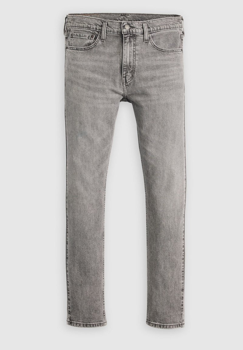 Pantalones vaqueros de mezclilla gris con diseño de pierna recta, cinco bolsillos y cierre estándar con botones. Textura suave y apariencia ligeramente descolorida.