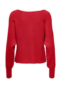 Pull en maille rouge côtelée avec un large décolleté, manches longues et un ourlet court à l'arrière, présentant un tissu texturé sur toute la surface.