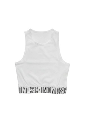Top corto bianco senza maniche con scollo rotondo e "MOSCHINO" ripetuto in lettere nere lungo la fascia inferiore.