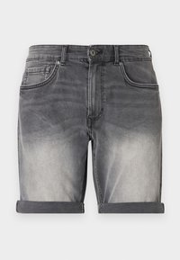 Grå denimshorts med en blekt finish, uppvikta fållar, bältesöglor, fem fickor och en klassisk knappstängning.