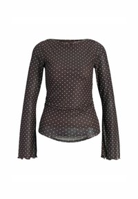 Top marrone a maniche lunghe realizzato in tessuto trasparente, con un design arricciato e pois bianchi. Polsini ondulati e scollatura rotonda.