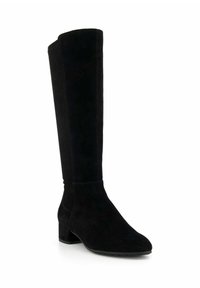 Botte noires en suède, hauteur genou, avec un bout arrondi, un talon moyen en bloc, une texture lisse et des coutures visibles le long des coutures.