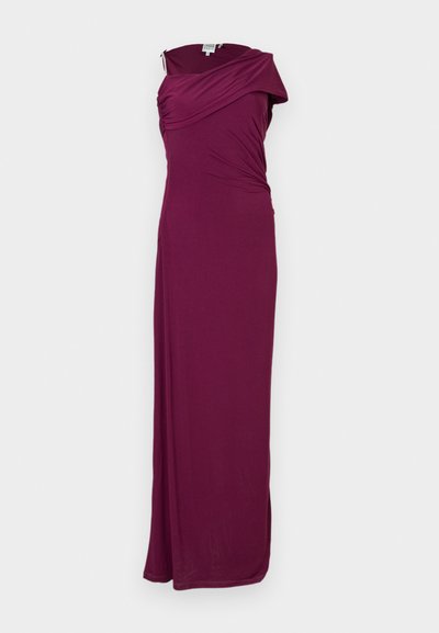 Burgundy long dress made of soft, stretchy fabric. Features an off-shoulder design with draped detailing and a side slit.