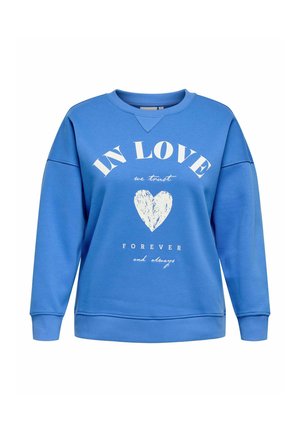 Modrá mikina s kulatým výstřihem. Obsahuje bílý text: "V LÁSCE důvěřujeme," grafiku srdce a "NAVŽDY a pořád." Měkká textura.