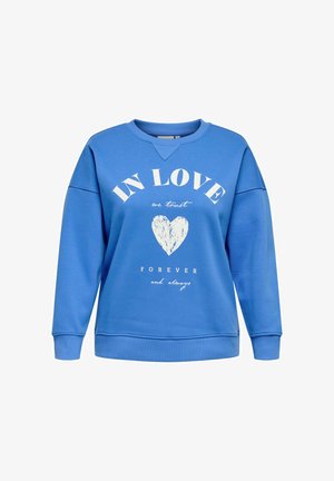 Modrá mikina s kulatým výstřihem. Obsahuje bílý text: "V LÁSCE důvěřujeme," grafiku srdce a "NAVŽDY a pořád." Měkká textura.