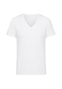 Witte T-shirt met korte mouwen en V-hals, gemaakt van zachte stof. Het heeft een eenvoudig ontwerp met een relaxte pasvorm en geen zichtbare patronen of accenten.