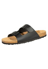 Black slide sandal featuring two adjustable buckles, a soft cork footbed, and a textured rubber outsole.