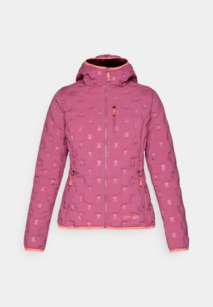 Pink quilted jacket with a hood, featuring a subtle geometric pattern, contrasting orange zippers, and a fitted design.