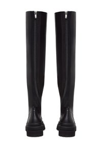 Knee-high black leather boots with a smooth texture, featuring a back zipper and a chunky sole for added durability.