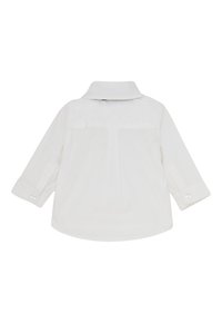 Witte lange mouwen shirt met een kraag, knoopsluitingen bij de manchetten en een plooi aan de achterkant. Gemaakt van gladde stof, met een minimalistisch ontwerp en zonder zichtbare patronen.