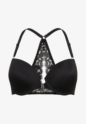 Reggiseno nero con coppe lisce e sagomate, dettagli in pizzo sulla schiena e spalline regolabili con un design incrociato.