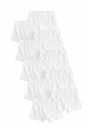 Pakket van 12 witte katoenen boxershorts met een elastische tailleband met een subtiele patroonafwerking, allemaal vanuit verschillende hoeken weergegeven.
