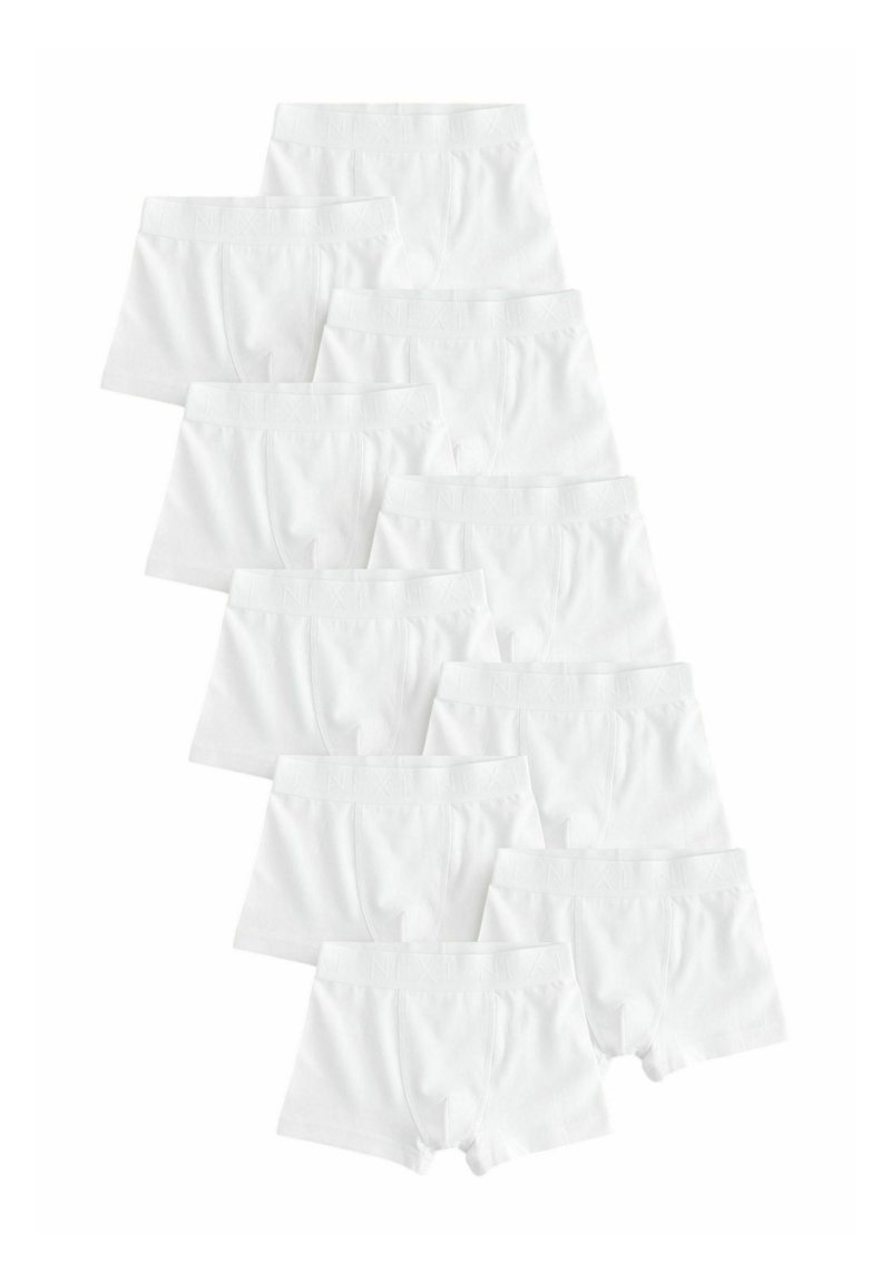 Pakke med 12 hvide bomuldsboxershorts med elastisk talje, der har en subtil mønsterdetalje, præsenteret fra forskellige vinkler.