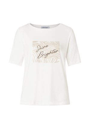 White t-shirt with a round neckline and short sleeves. Features a textured gold design with "Shine Brighter" text and wavy patterns.