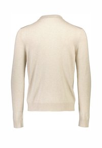Jasno beżowy sweter z długimi rękawami, ściągaczami na rękawach i hemie oraz prostą teksturą dzianiny. Klasyczny okrągły dekolt, widok z tyłu.