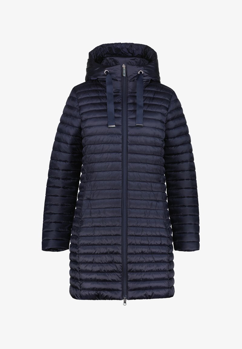 Mörkblå puffjacka med huva, med horisontellt quiltat mönster, hel dragkedjestängning och två dragsnören. Slät, glänsande yta.