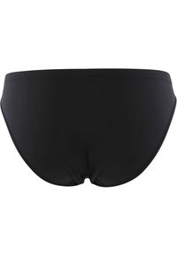 Černé bikiny s hladkým materiálem. Klasický tvar spodního dílu, široký pas a žádné viditelné vzory nebo akcenty.