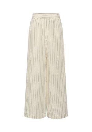 Pantalon large couleur crème avec fines rayures verticales grises et taille élastique, étalé à plat sur un fond blanc.