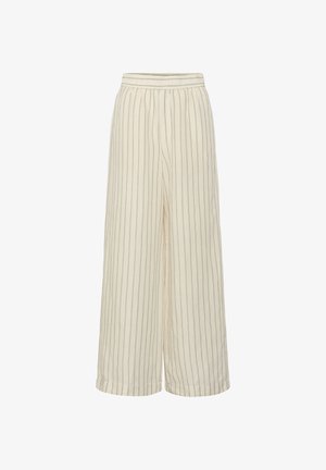 Pantalon large couleur crème avec fines rayures verticales grises et taille élastique, étalé à plat sur un fond blanc.