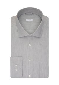 Grå skjorte med klassisk krave, lange ærmer og knapmanchetter. Lavet af et tekstureret stof med subtile striber og plastikknapper.