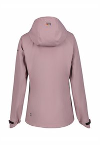 Ljusrosa vattentät jacka med huva, långa ärmar, justerbara manschetter och logodetalj på baksidan. Slät, matt yta.