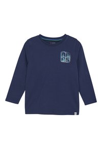 Marineblaues Langarm-T-Shirt aus Baumwolle mit einem grafischen Design auf der Brust, Rundhalsausschnitt und geradem Schnitt.