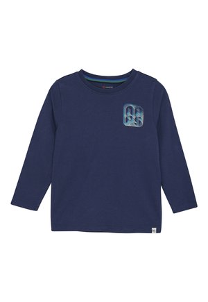 Marineblaues Langarm-T-Shirt aus Baumwolle mit einem grafischen Design auf der Brust, Rundhalsausschnitt und geradem Schnitt.
