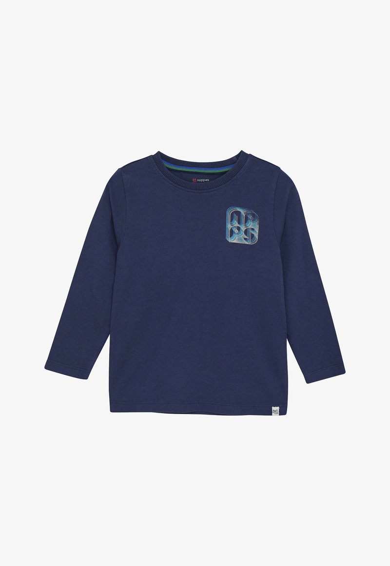 Navy long-sleeve T-shirt made of cotton, featuring a graphic design on the chest, round neckline, and straight cut.