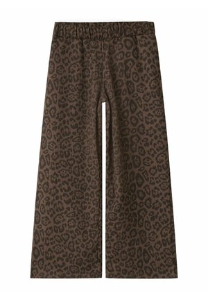 Brune bukser med vide ben med mørkt leopardprint og elastisk taljebånd, vist fladt mod en hvid baggrund.