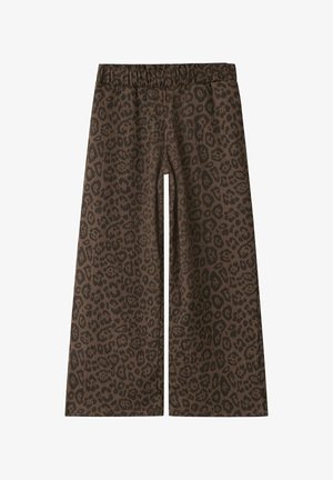 Pantalon marron à jambes larges avec motif léopard sombre et taille élastique, présenté à plat sur fond blanc.