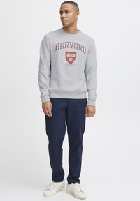 Grijze sweatshirt met Harvard-logo in bordeaux en beige, gecombineerd met marineblauwe broek en witte sneakers. Casual fit, ribgebreide manchetten en halslijn.