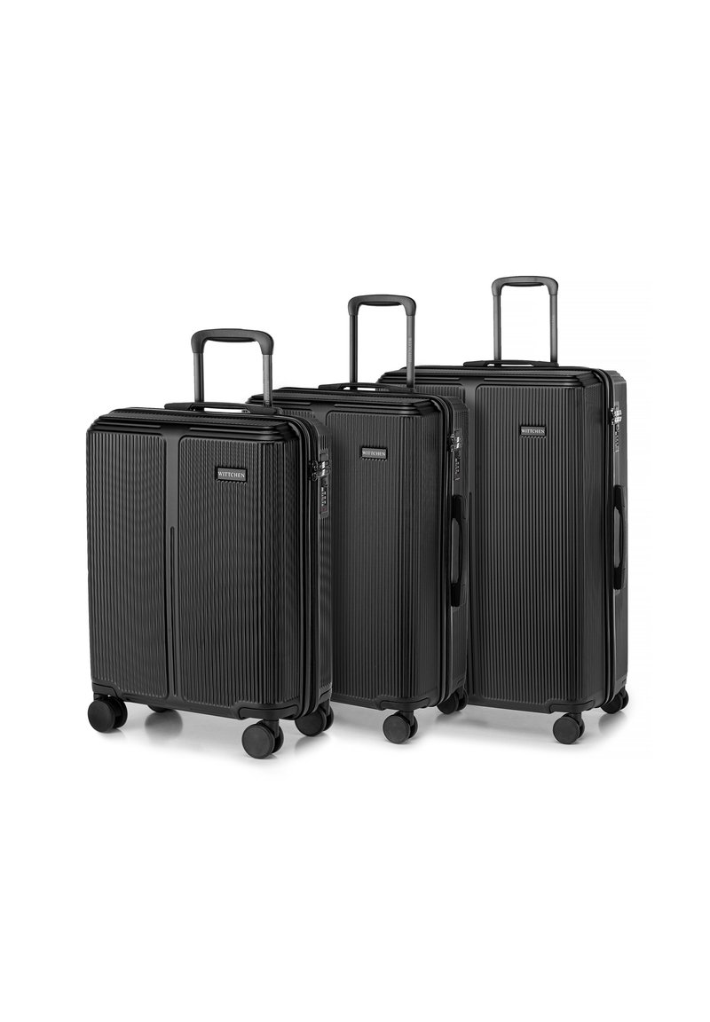 Black hard-shell suitcase set with a ribbed texture, featuring three sizes. Each has a telescopic handle and four rolling wheels for mobility.