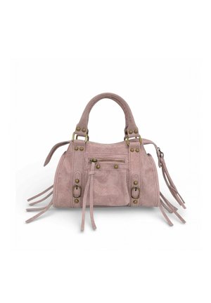 Sac à main en daim rose avec double poignée, poche zippée avant, rivets en laiton, boucles et pompons décoratifs sur les côtés et à l'avant.