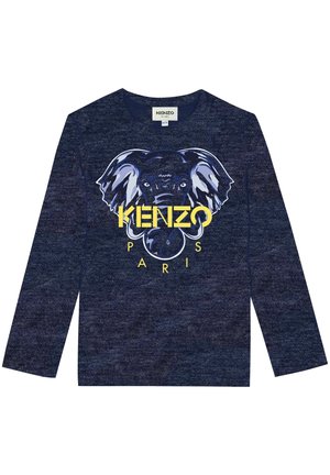 Granatowa koszula z długim rękawem z dużą stylizowaną grafiką głowy słonia oraz żółtym napisem "KENZO Paris" na przodzie.