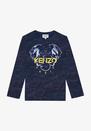 Marineblauw shirt met lange mouwen, met een grote gestileerde olifantenkop en gele tekst "KENZO Paris" op de voorkant.