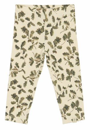 Leggings realizzati in tessuto morbido, con uno sfondo beige e un motivo di foglie di quercia verdi e ghiande. Comprendono un piccolo logo del marchio sull'orlo.