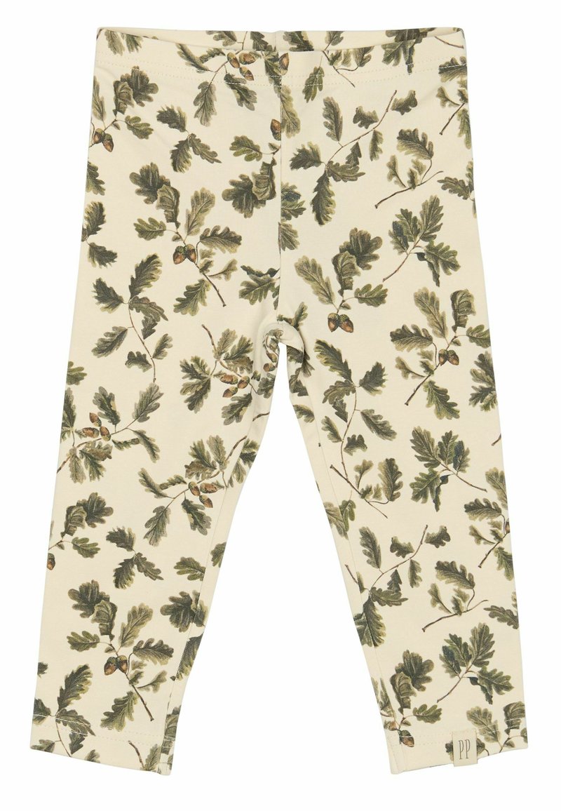 Leggings realizzati in tessuto morbido, con uno sfondo beige e un motivo di foglie di quercia verdi e ghiande. Comprendono un piccolo logo del marchio sull'orlo.